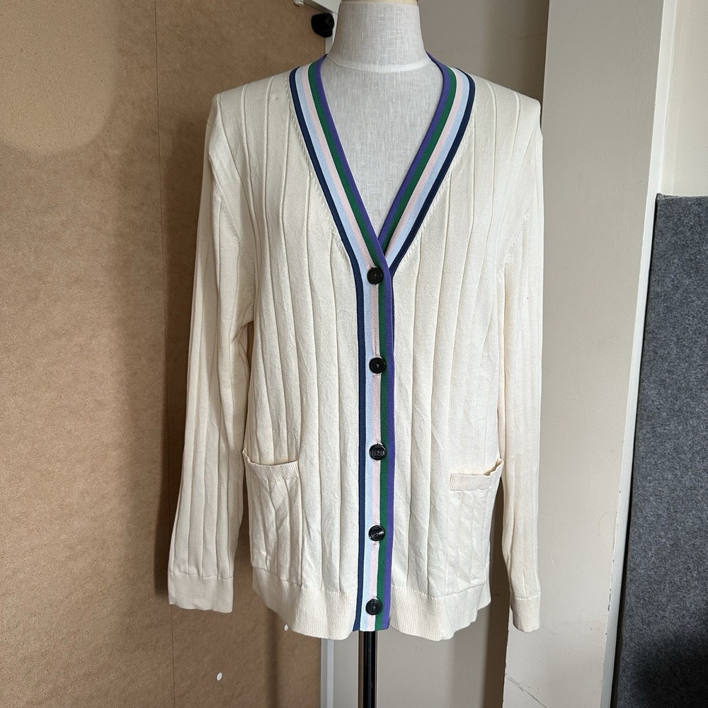 Kule‎ The Binx Rainbow Trim Cardigan Sweater Cream Ribbed Button Up Sz Large L